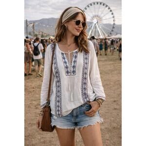 Lucky Brand Oversized Gauze Tunic Top SIzeXS Boho Embroidered Cottagecore Resort